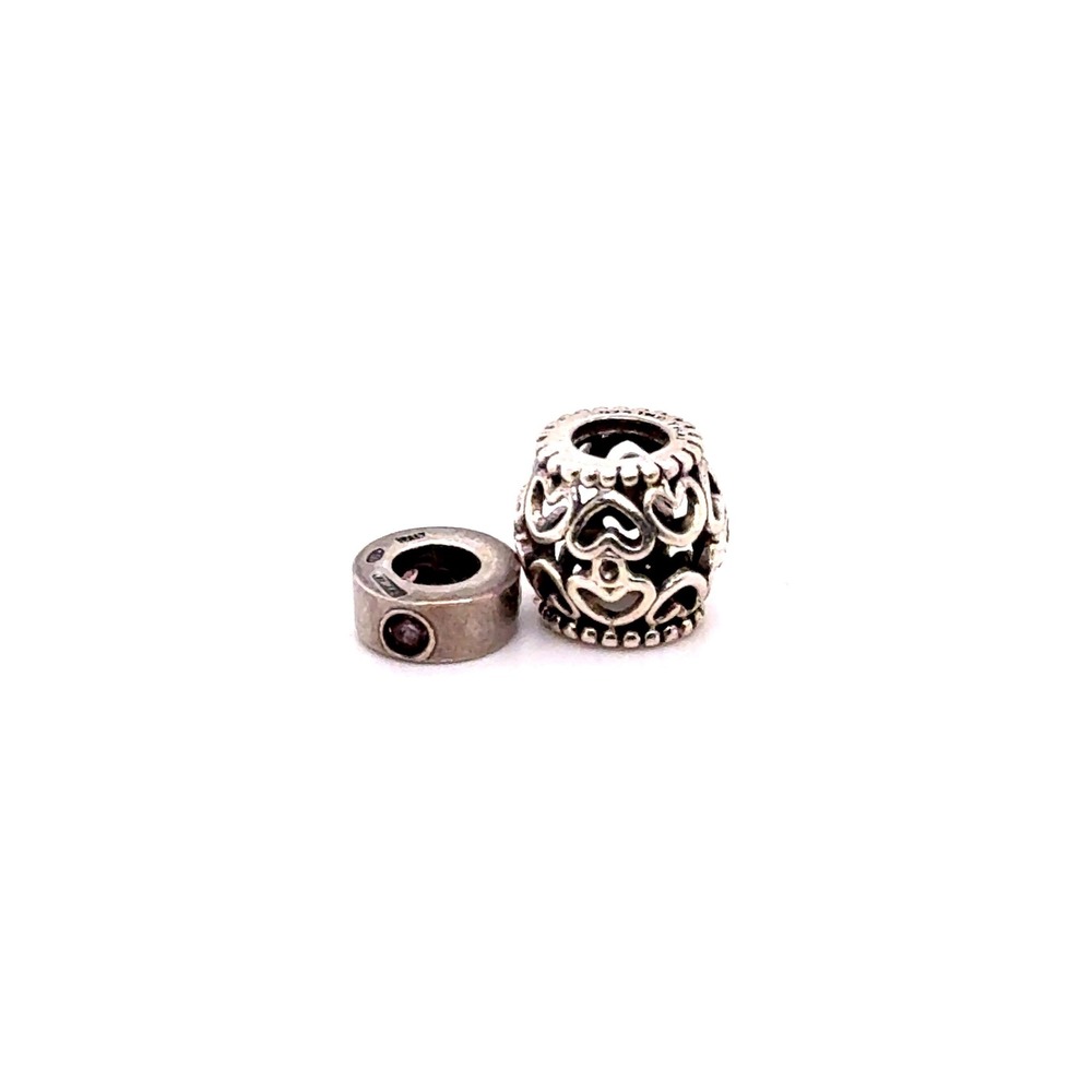925 Sterling Silver Openwork Heart Filigree Bead and Pink Stone Spacer Charm Set